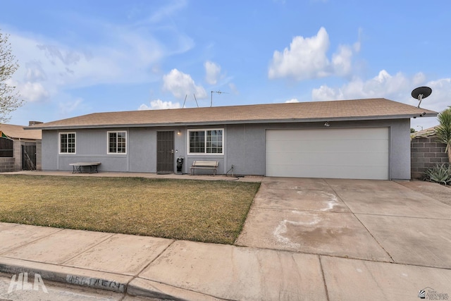 single story home featuring concrete driveway, a front lawn, an attached garage, and stucco siding