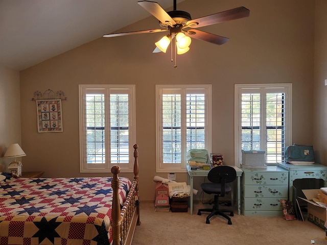 carpeted bedroom with ceiling fan, lofted ceiling, and multiple windows