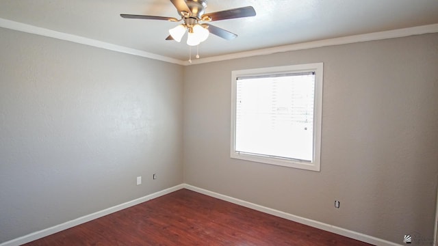 empty room with hardwood / wood-style flooring, ceiling fan, and ornamental molding