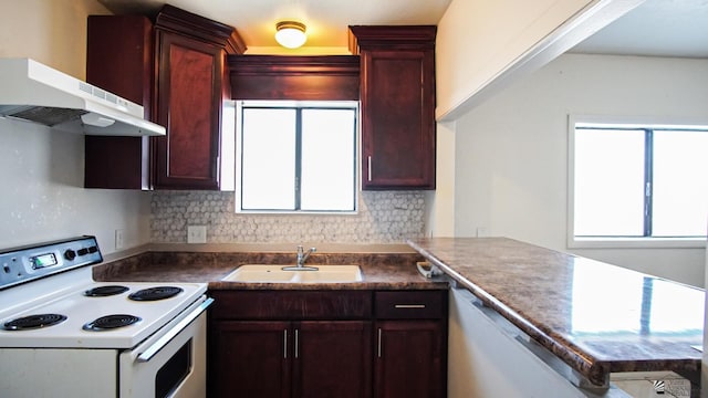 kitchen with white range with electric cooktop, dishwasher, sink, and extractor fan