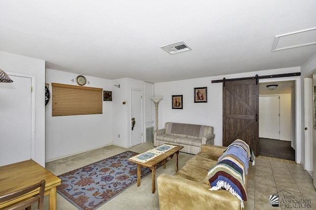 living room with a barn door