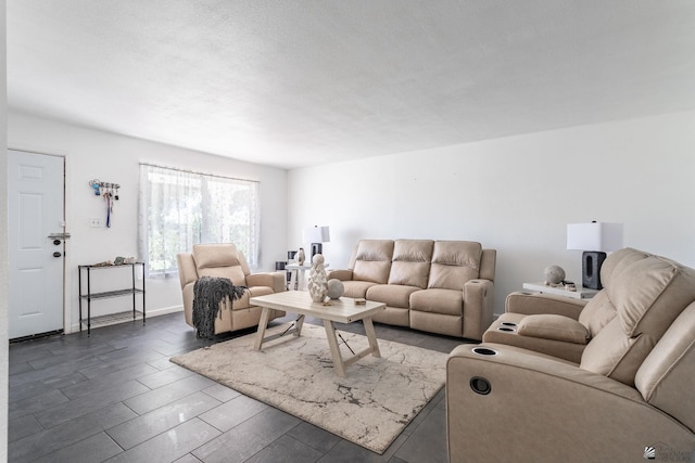 living room with a textured ceiling, baseboards, and wood finished floors