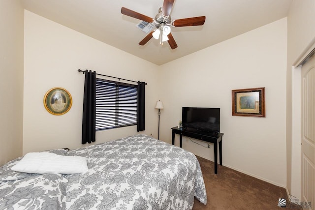 bedroom featuring carpet flooring and ceiling fan