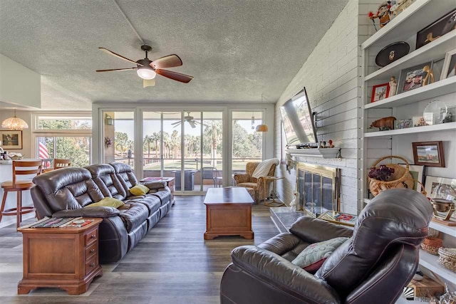 living room featuring dark wood-type flooring, a fireplace, a textured ceiling, and a wealth of natural light