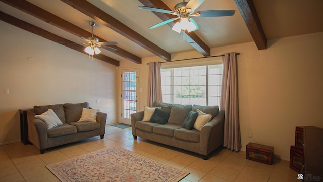 living room with lofted ceiling with beams, ceiling fan, and light tile patterned floors