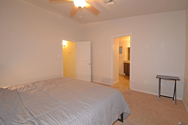 bedroom with baseboards, visible vents, carpet floors, and ceiling fan