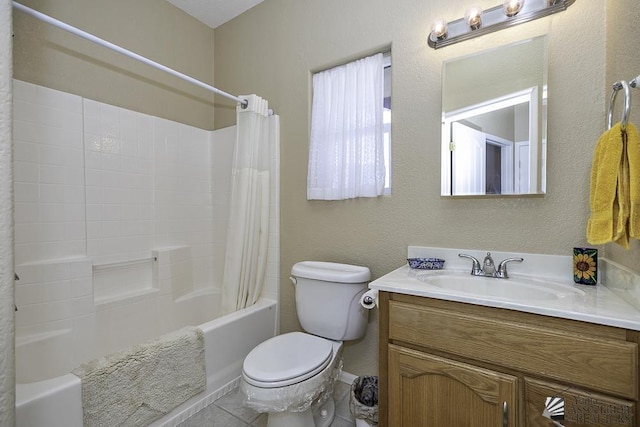 full bathroom featuring vanity, shower / bath combination with curtain, and toilet