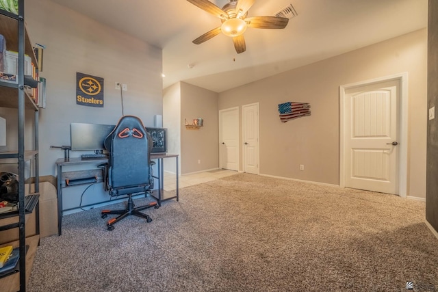 office featuring ceiling fan and carpet flooring