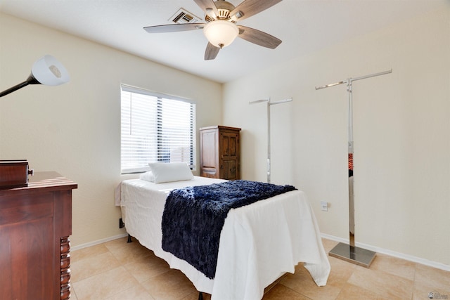 bedroom featuring ceiling fan, visible vents, and baseboards