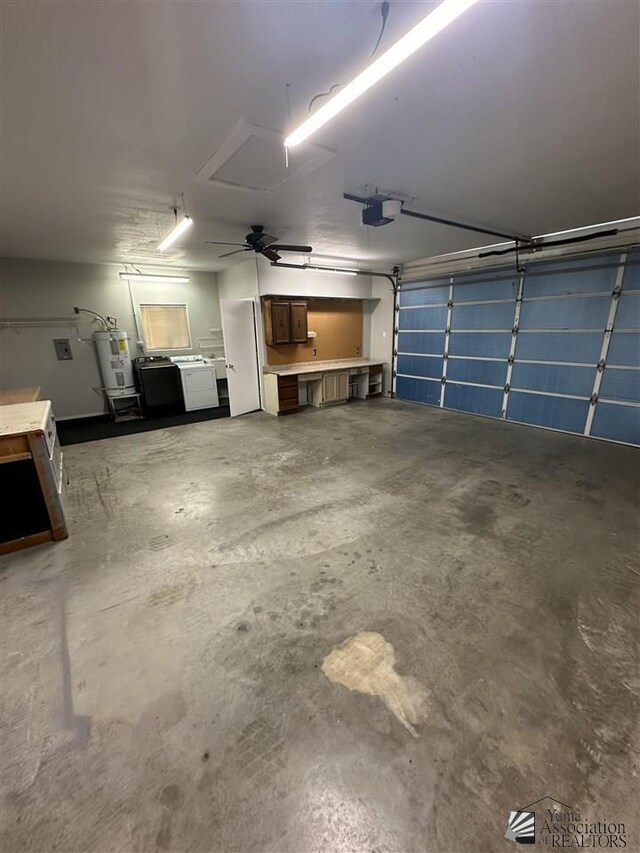 garage with ceiling fan, strapped water heater, and a garage door opener