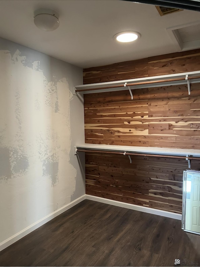 spacious closet with dark wood finished floors