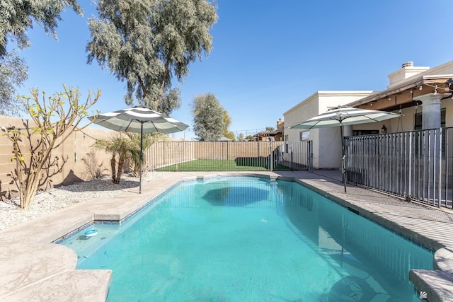 view of swimming pool featuring a fenced backyard and a fenced in pool