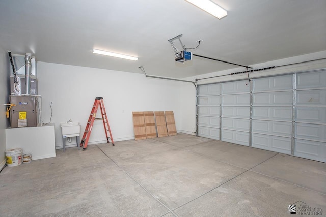 garage featuring a garage door opener and heating unit