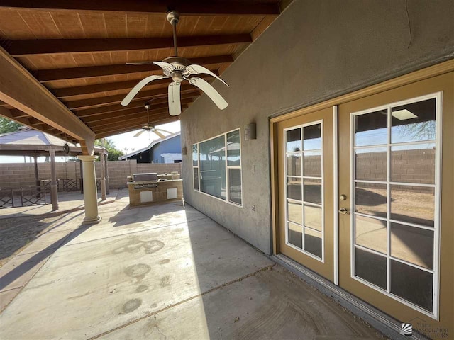 view of patio / terrace with a gazebo, grilling area, ceiling fan, and french doors