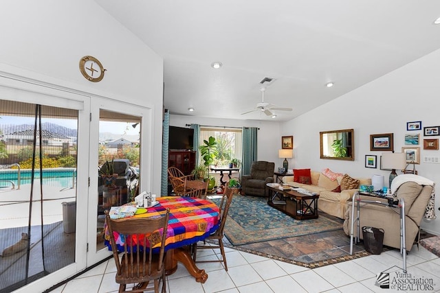 10243 Fairway Loop, Yuma, AZ 85367 - living room with light tile patterned floors, lofted ceiling, a ceiling fan, and recessed lighting