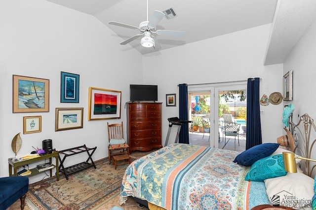10243 Fairway Loop, Yuma, AZ 85367 - bedroom featuring access to outside, high vaulted ceiling, and a ceiling fan