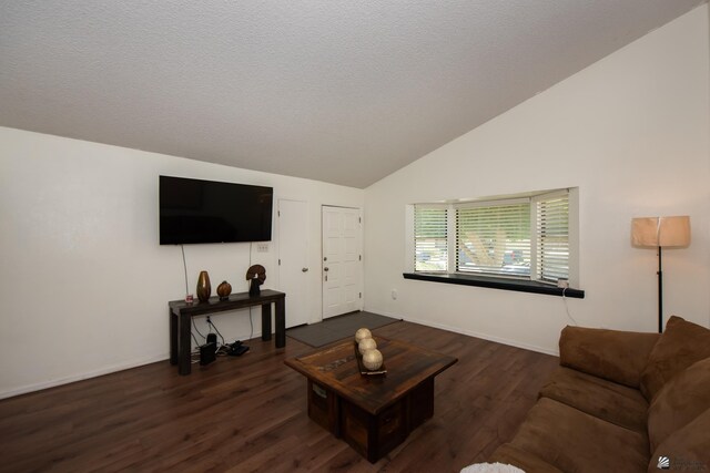 660 E 26th St, Yuma, AZ 85365 - living room featuring dark wood-style floors, baseboards, high vaulted ceiling, and a textured ceiling