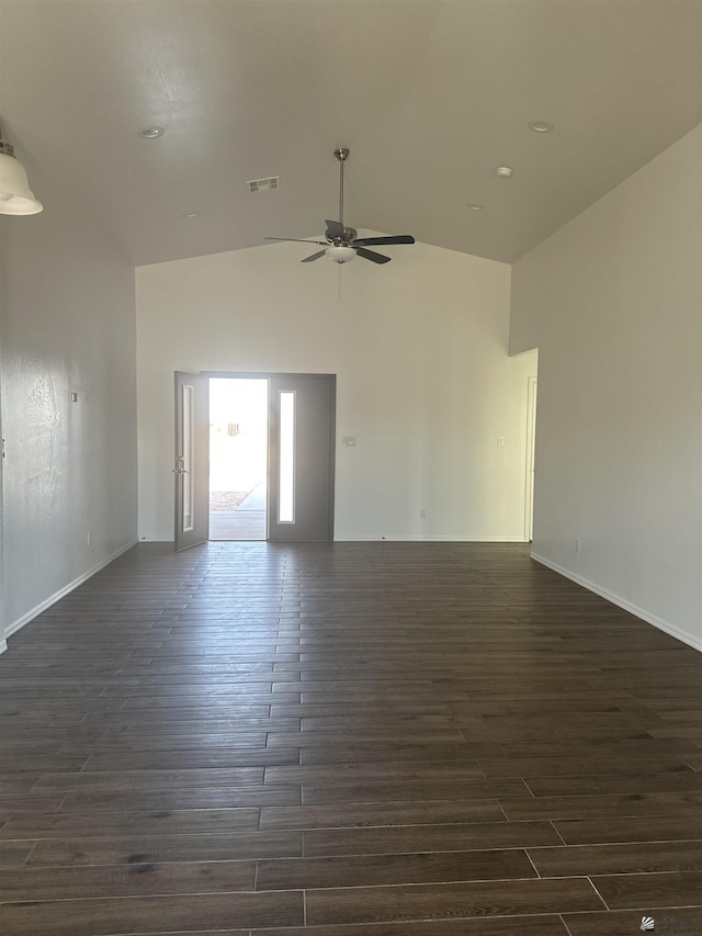 10864 E 45th St, Yuma, AZ 85367 - spare room with dark wood-style floors, ceiling fan, high vaulted ceiling, and baseboards