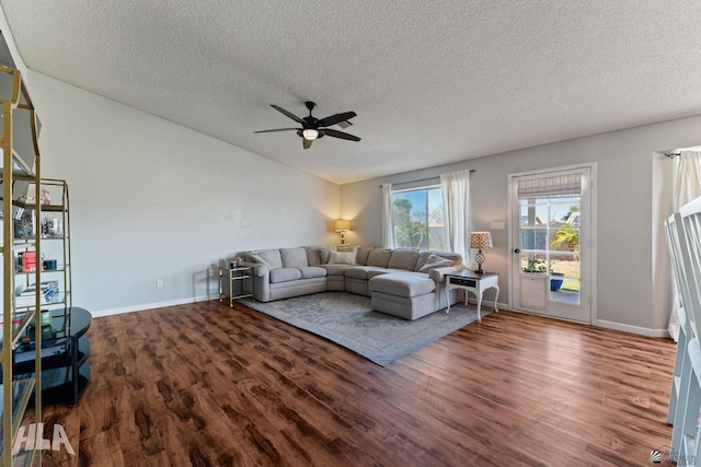6248 E 42nd Ln, Yuma, AZ 85365 - living room with wood finished floors, a textured ceiling, ceiling fan, and vaulted ceiling