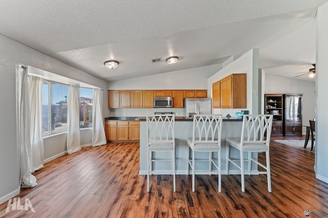 6248 E 42nd Ln, Yuma, AZ 85365 - kitchen featuring appliances with stainless steel finishes, lofted ceiling, a textured ceiling, dark countertops, and dark wood-type flooring