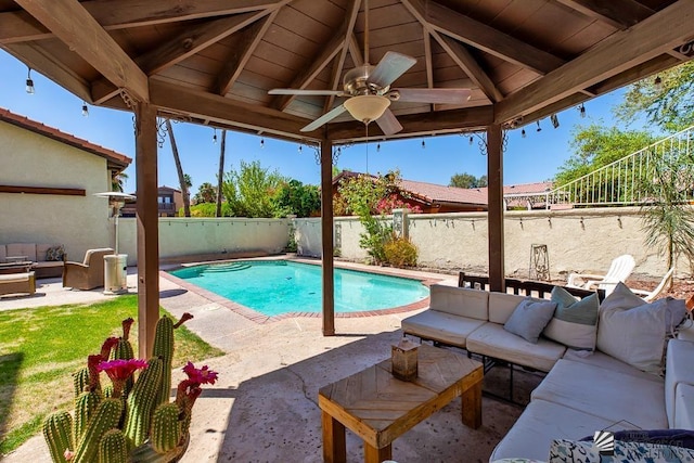 view of pool featuring a gazebo, a fenced backyard, outdoor lounge area, and a patio