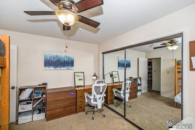 carpeted office featuring ceiling fan