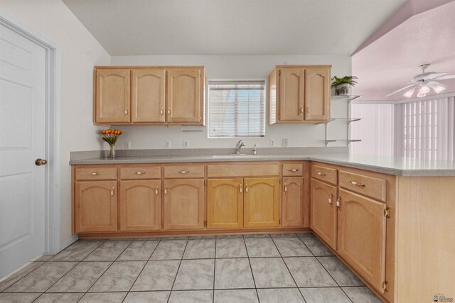 11595 S Prescott Ave, Yuma, AZ 85365 - kitchen featuring a peninsula, light countertops, ceiling fan, light brown cabinets, and light tile patterned floors