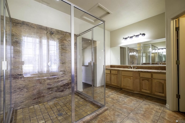 14158 E 49th Dr, Yuma, AZ 85367 - full bathroom with tile patterned floors, a shower stall, and vanity