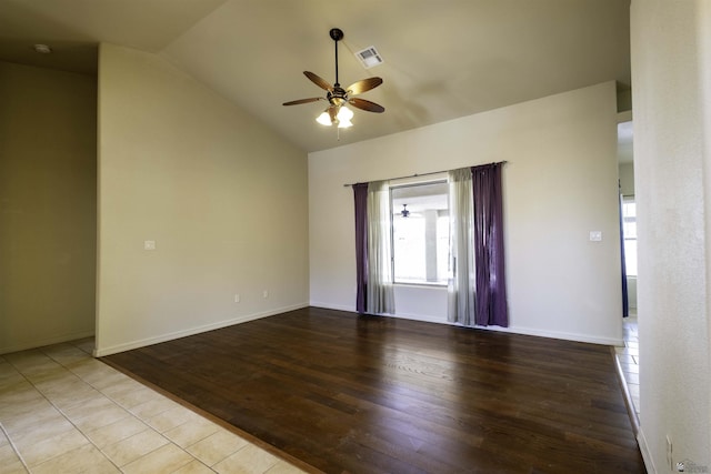 14158 E 49th Dr, Yuma, AZ 85367 - unfurnished room featuring ceiling fan, lofted ceiling, wood finished floors, and visible vents