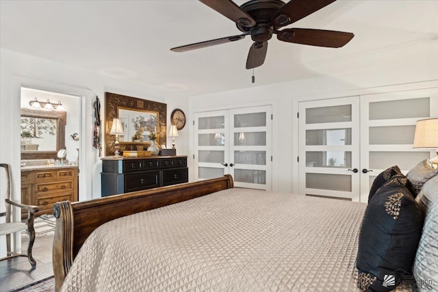 1925 S Ridgeview Dr, Yuma, AZ 85364 - bedroom with ceiling fan, french doors, and ensuite bath