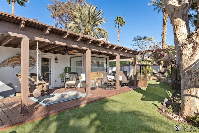 1925 S Ridgeview Dr, Yuma, AZ 85364 - rear view of property featuring a lawn, ceiling fan, fence, and a deck