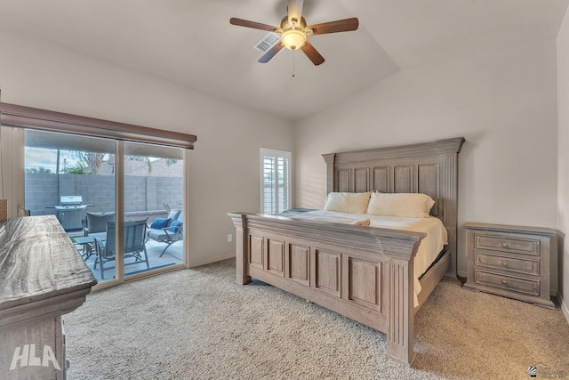 bedroom featuring ceiling fan, visible vents, light colored carpet, vaulted ceiling, and access to outside