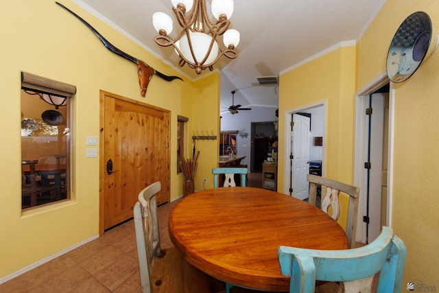 13220 E 55th St, Yuma, AZ 85367 - dining area featuring light tile patterned floors, crown molding, ceiling fan with notable chandelier, and visible vents