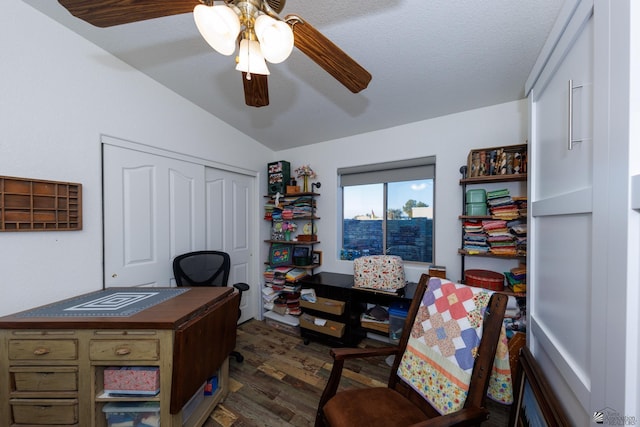 13220 E 55th St, Yuma, AZ 85367 - home office featuring dark wood-style flooring, ceiling fan, and lofted ceiling