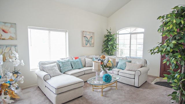 living area with carpet and high vaulted ceiling