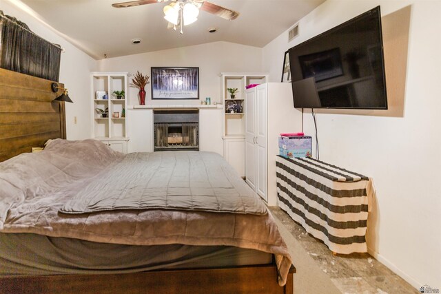 1836 W Allen St, Yuma, AZ 85364 - bedroom featuring a fireplace, lofted ceiling, and ceiling fan