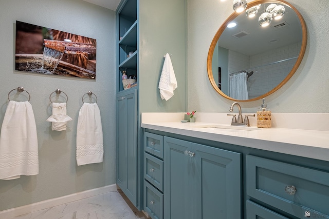 bathroom with visible vents, curtained shower, marble finish floor, and vanity