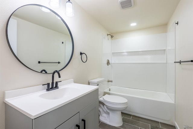 bathroom featuring visible vents, vanity, toilet, bathtub / shower combination, and recessed lighting