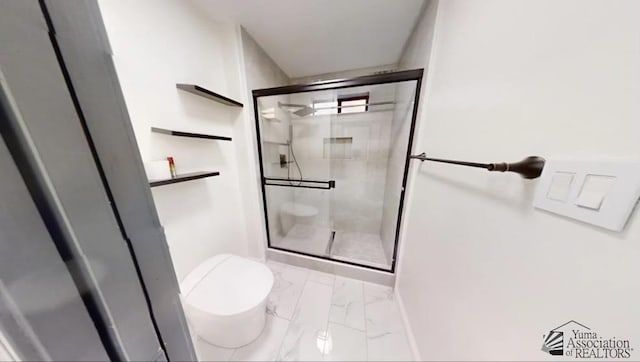 bathroom featuring walk in shower and toilet