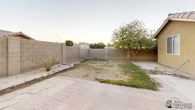 yard at dusk with a patio area