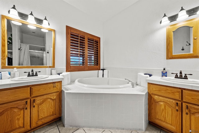 3875 W 26th St, Yuma, AZ 85364 - bathroom featuring two vanities, a garden tub, tile patterned floors, and a shower with curtain