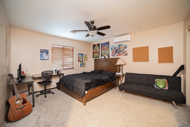 carpeted bedroom featuring visible vents, ceiling fan, and a wall unit AC
