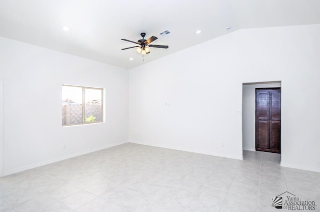 12653 E 51st Pl, Yuma, AZ 85367 - spare room with recessed lighting, ceiling fan, visible vents, and lofted ceiling