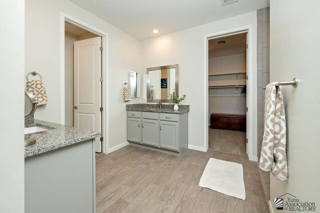 12160 S Drucilla Ln, Yuma, AZ 85367 - bathroom with two vanities, wood finished floors, a walk in closet, and recessed lighting