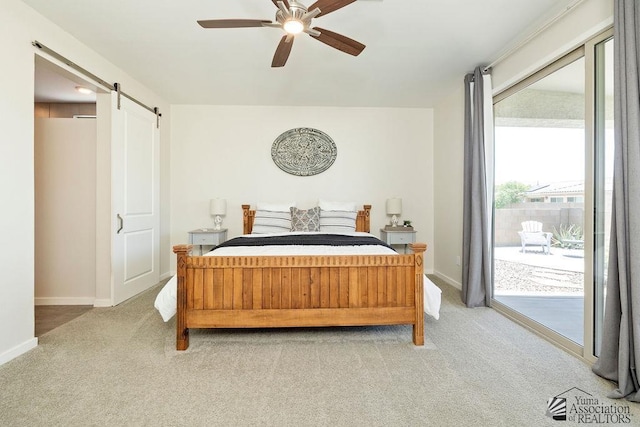 12160 S Drucilla Ln, Yuma, AZ 85367 - bedroom with a barn door, access to exterior, light carpet, and ceiling fan