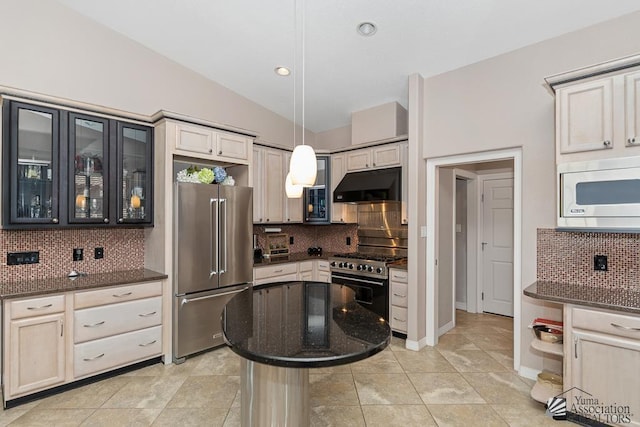 5492 E View Pkwy, Yuma, AZ 85365 - kitchen with high quality appliances, under cabinet range hood, tasteful backsplash, dark stone counters, and vaulted ceiling