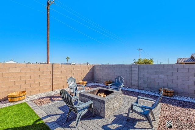 view of patio / terrace featuring a fenced backyard and a fire pit