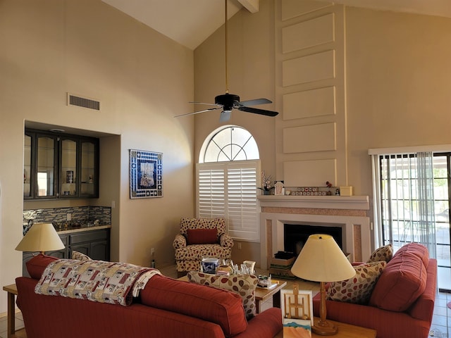 10842 S Via Salida, Yuma, AZ 85367 - living area with visible vents, ceiling fan, high vaulted ceiling, and a fireplace
