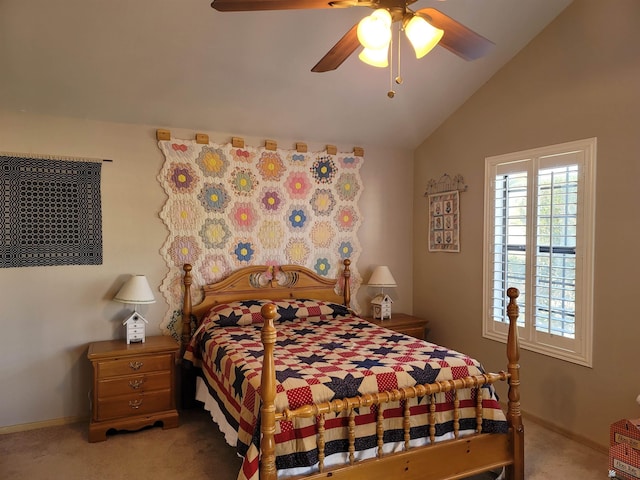 10842 S Via Salida, Yuma, AZ 85367 - bedroom featuring baseboards, ceiling fan, vaulted ceiling, and light carpet