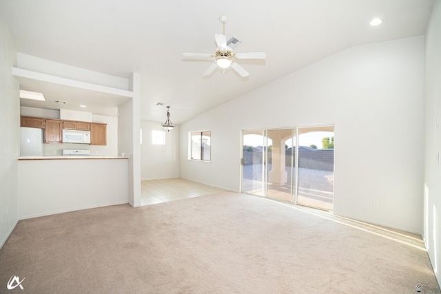 unfurnished living room with visible vents, light carpet, baseboards, recessed lighting, and a ceiling fan